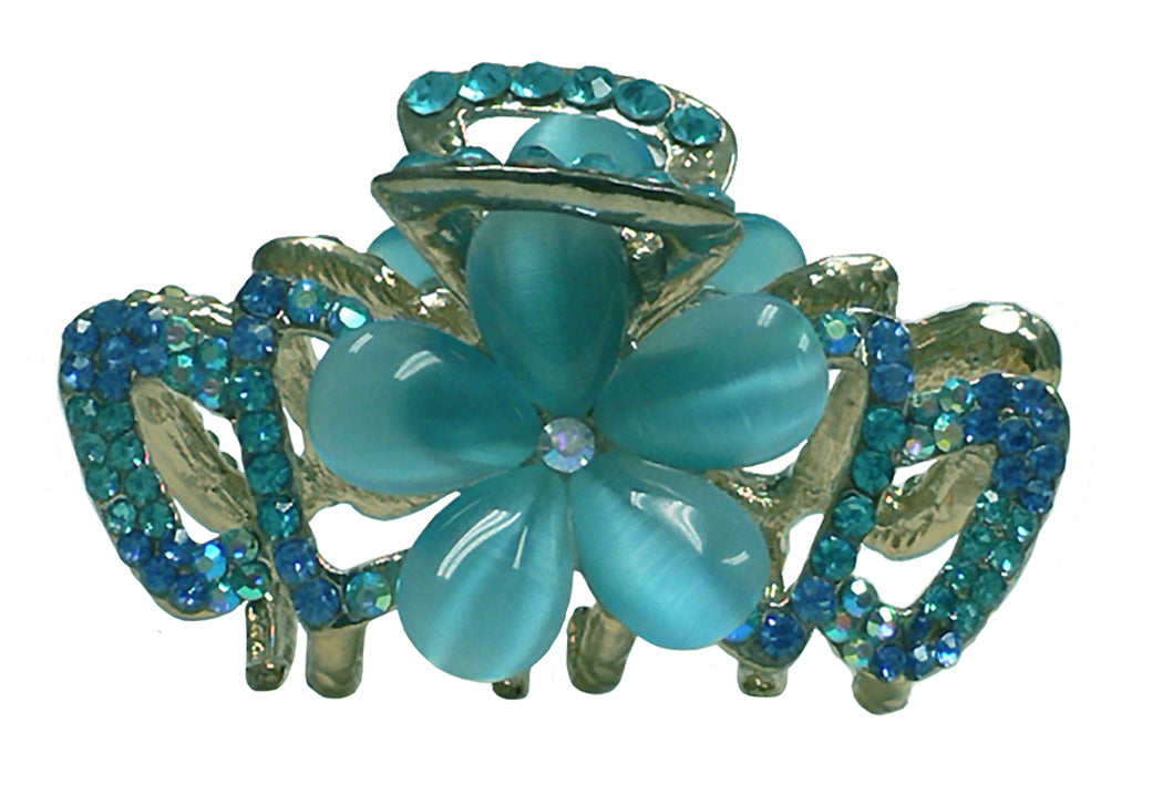Aqua flower hair claw with crystal and opal bead details