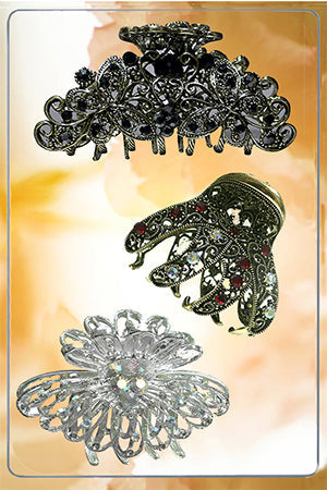 Ornate black and crystal-white metal hair claws