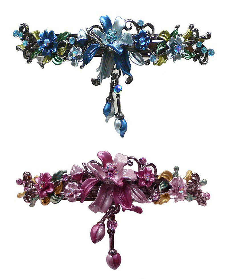 Set of 2 Large Crystal Flower Barrette with Hanging Ornament