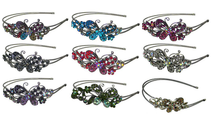 Set of 9 Crystal Butterfly Headbands Double Metal Wire Hairbands U86121-0124-9