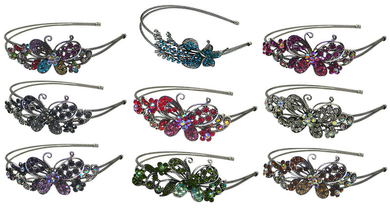 Set of 9 Crystal Butterfly Headbands Double Metal Wire Hairbands U86121-0124-9