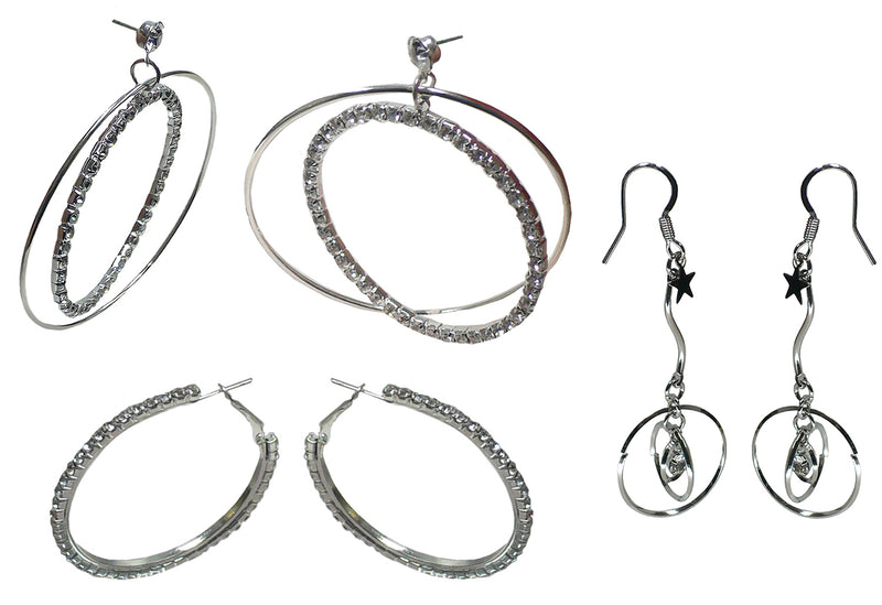 Set of 3 Pairs of Earrings 3 Unique Styles Crystal Double Hoops Mid Size Crystal Hoop 3rd pr Dangle Earrings8131