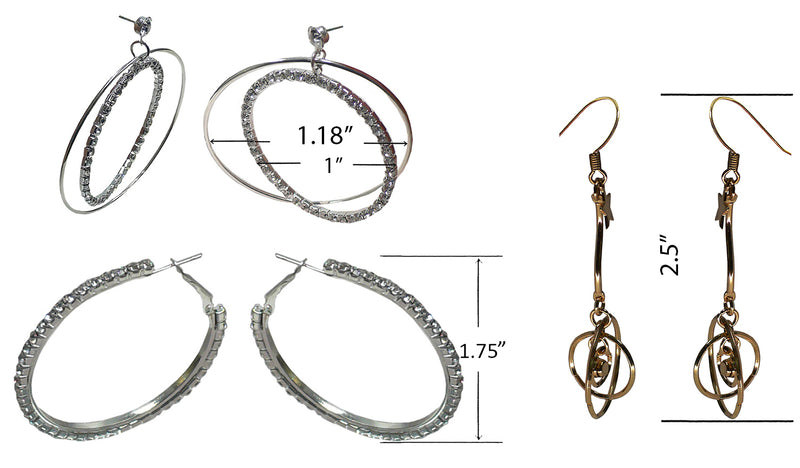 Set of 3 Pairs of Earrings 3 Unique Styles Crystal Double Hoops Small Mid Size Crystal Hoop 3rd pr Dangle 8132