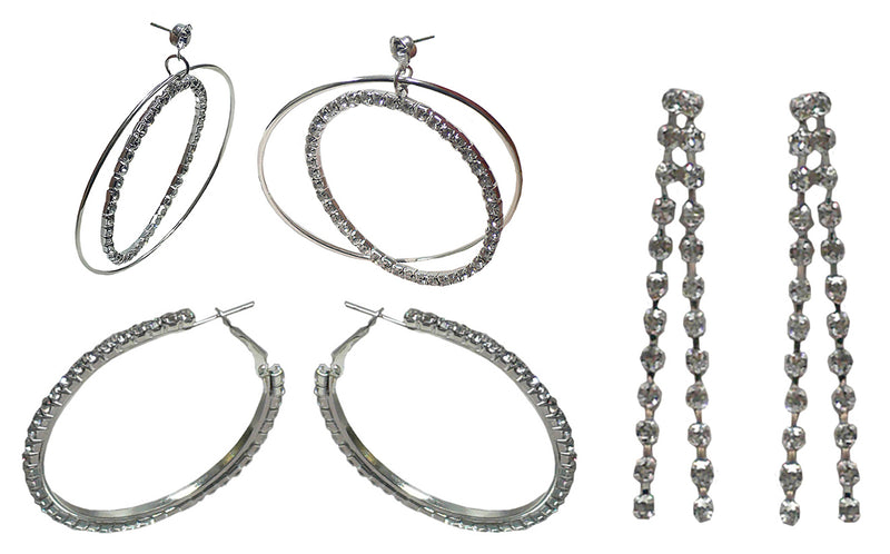 Set of 3 Pairs of Earrings 3 Unique Styles Crystal Double Hoops Small Mid Size Crystal Hoop 3rd pr Dangle 8132