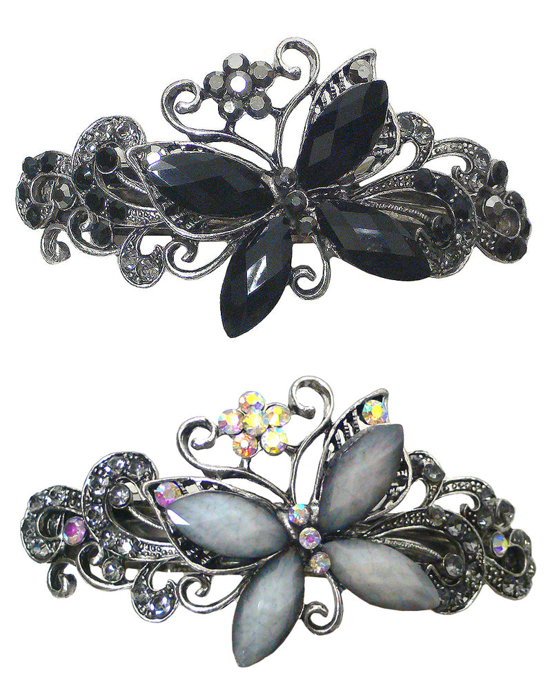 Bella Set of 2 Large Butterfly Barrettes Sparkly Crystals French Clasp U86800-0053-2