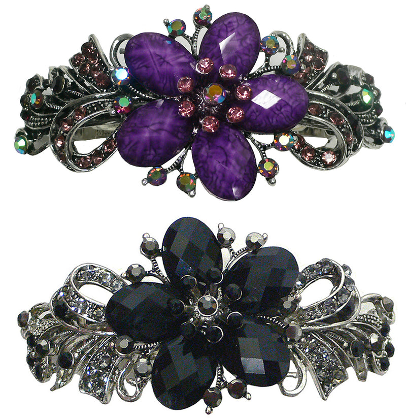 Set of 2 Bella Large Barrettes Colorful Beads Sparkly Crystal Thick Hair Hairclip U0052-2