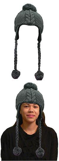 Knitted Hat with Braided Ties and Pom Pom SB86010-1231