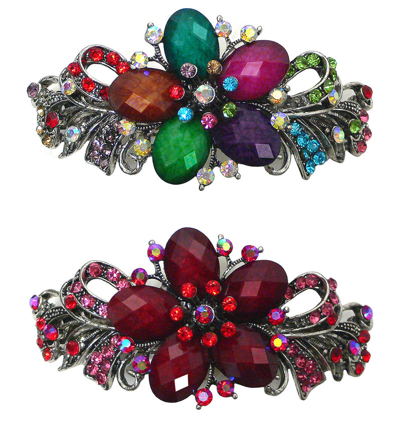 Set of 2 Bella Large Barrettes Colorful Beads Sparkly Crystal Thick Hair Hairclip U0052-2