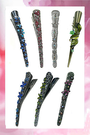 Long decorative alligator clips in silver and jewel colors