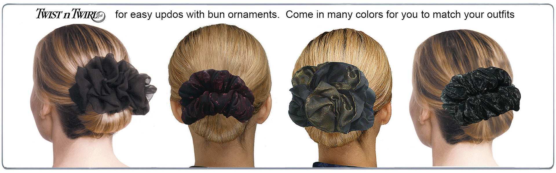 Black ruffled bun ornament styled in a soft updo