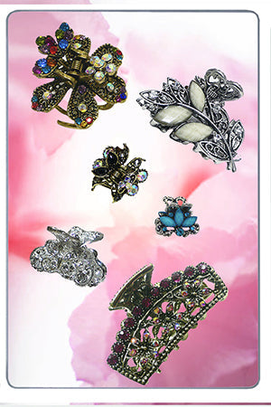 Small jeweled hair claws on Bella’s pink watercolor backdrop